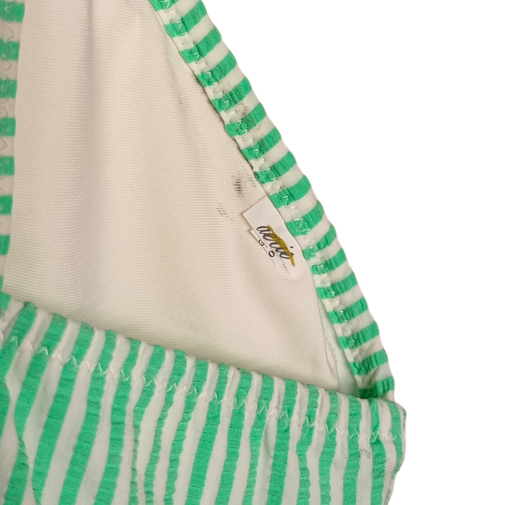 AERIE Bright Green White Thin Stripe Print Ruffle Triangle Bikini Top Medium - Picture 8 of 8